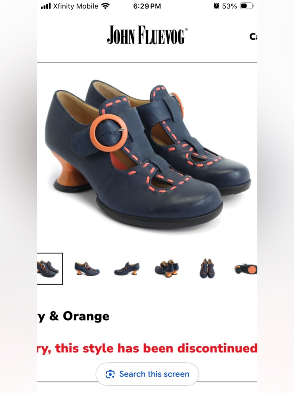 John Fluevog Enneagram T-Strap Navy Heels w/ Orange Stitching Detail &  Buckle
